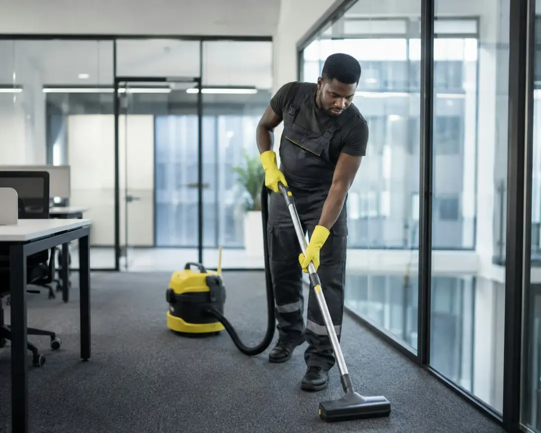 A cleaner in overalls and yellow gloves vacuuming an office floor