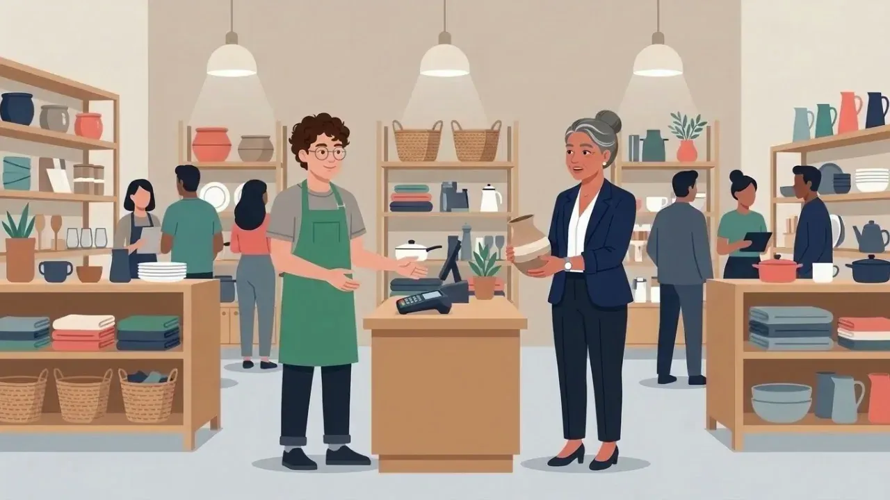 A scene from the example training video, Customer Refund Procedure: a store assistant and a manager at the counter of a homewares shop
