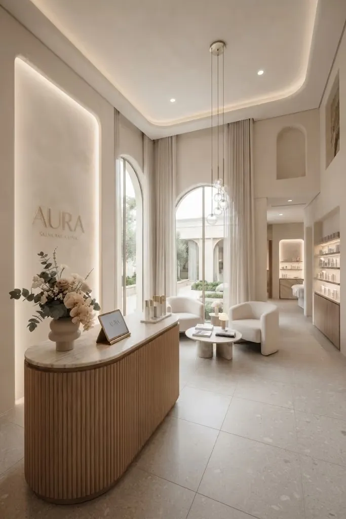 Reception desk in a bright skin clinic