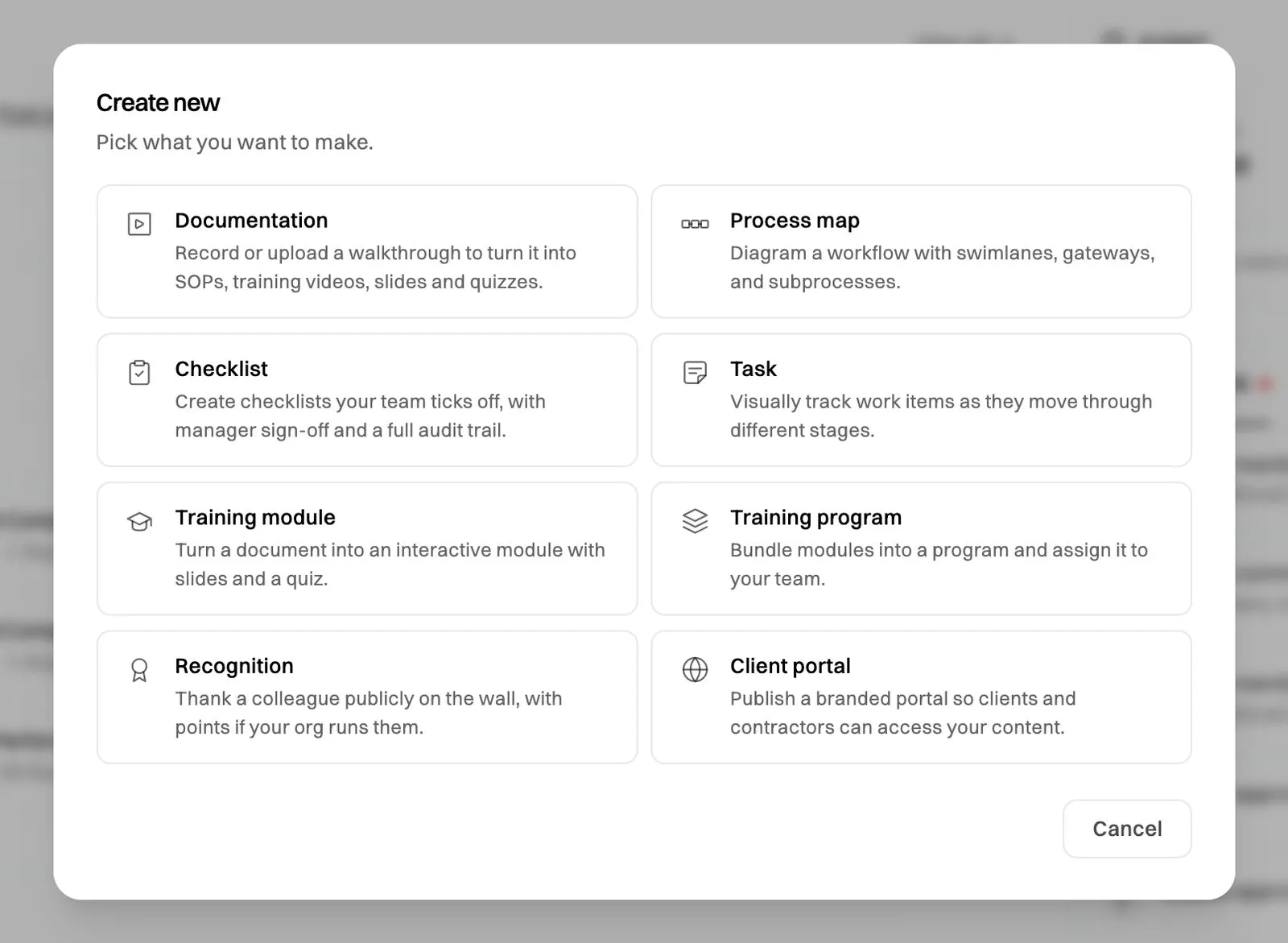 The Create new menu in Wikidoc, with Documentation as the first option
