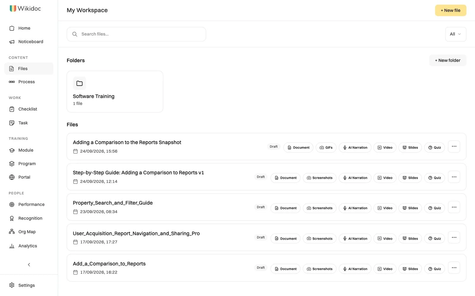 My Workspace in Wikidoc, listing documents and the outputs made from each