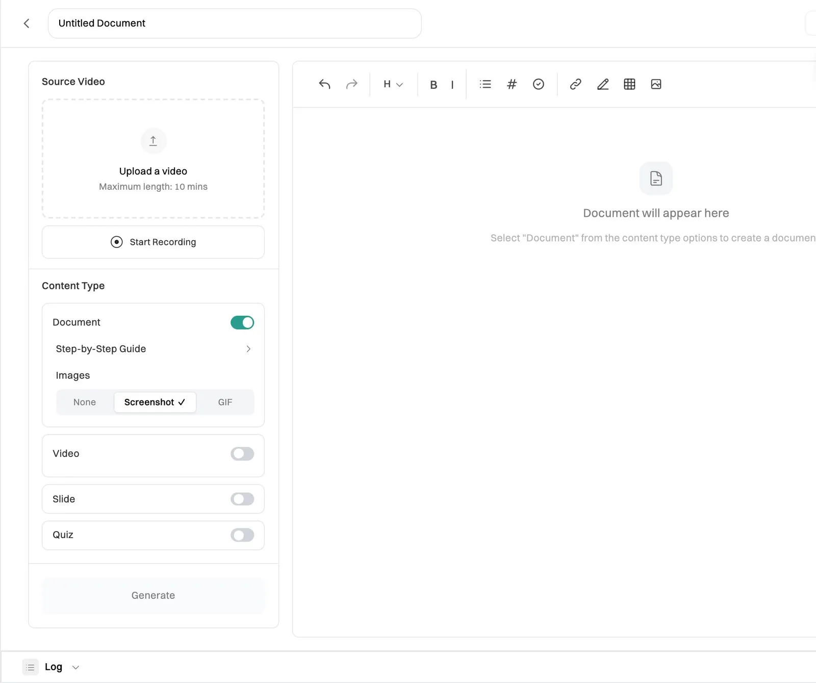 The Source Video and Content Type panel, with Upload a video, Start Recording and the Document, Video, Slide and Quiz switches