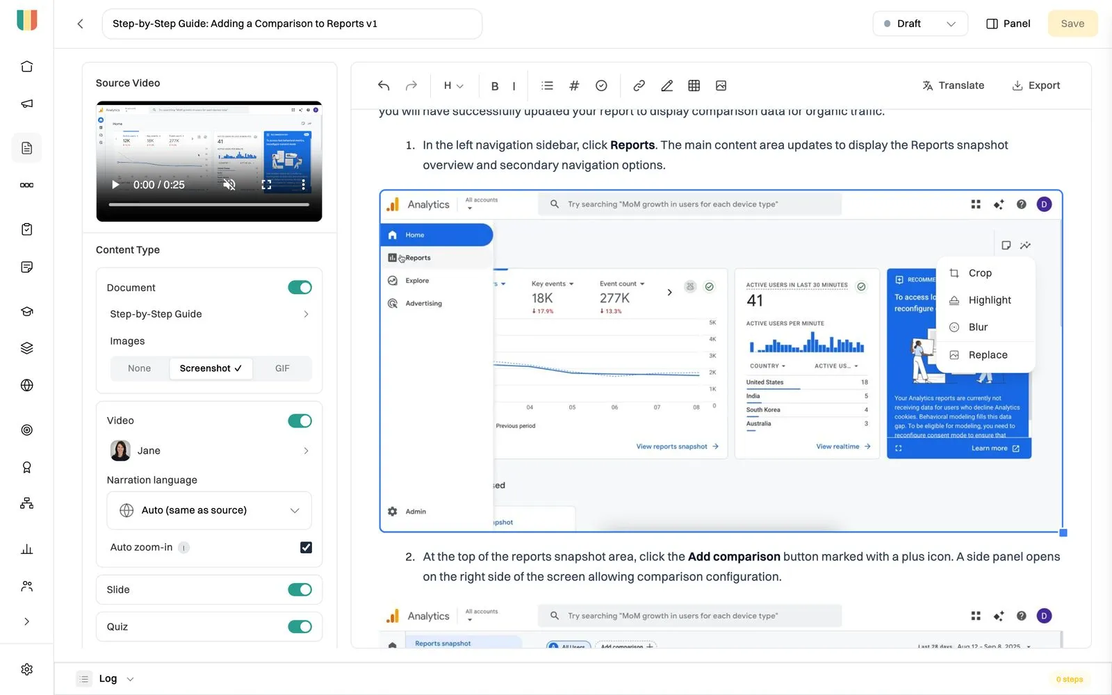 The screenshot editor in Wikidoc with crop, highlight, blur and replace tools