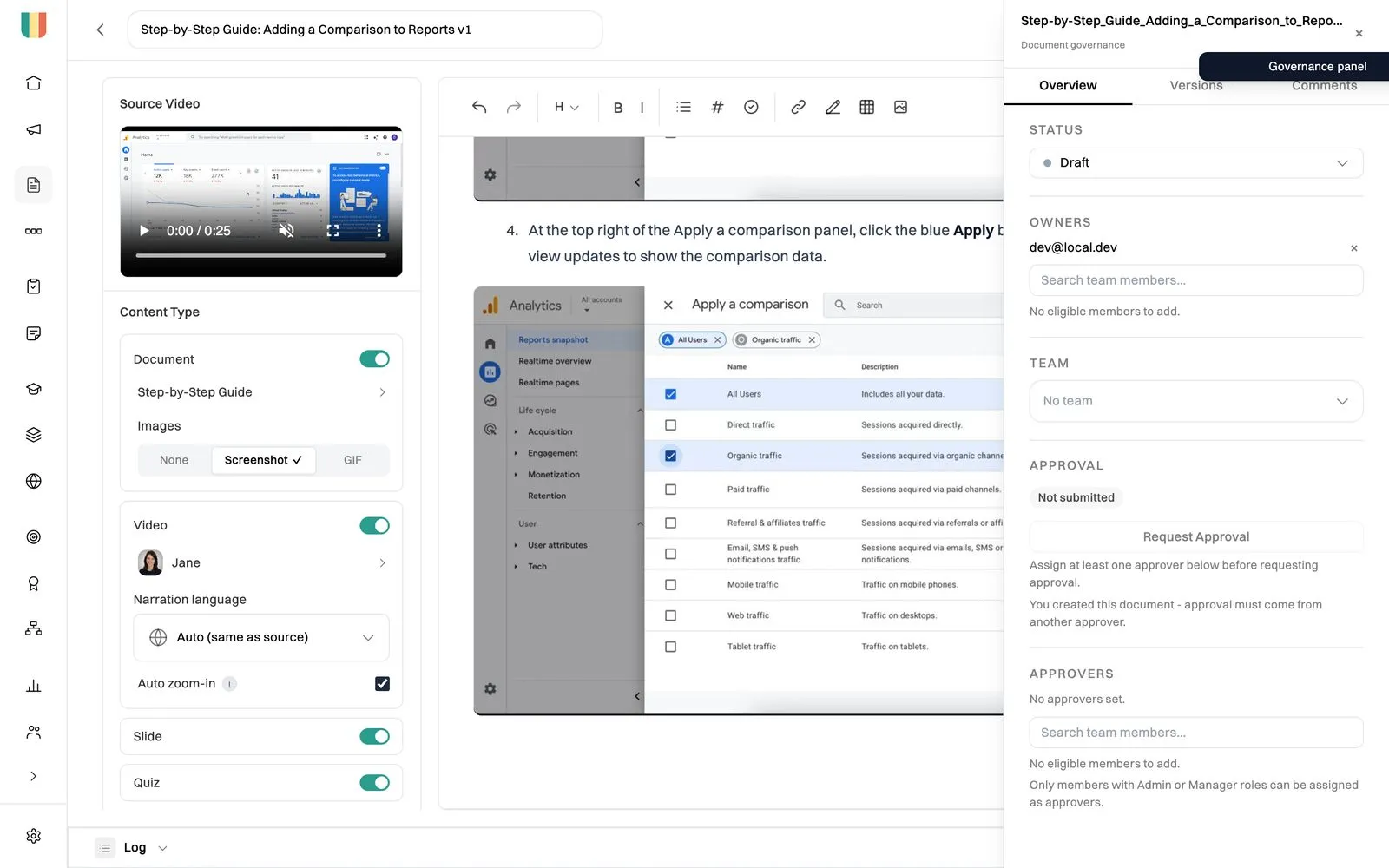 The governance panel in Wikidoc with status, owners, approvers, versions and comments