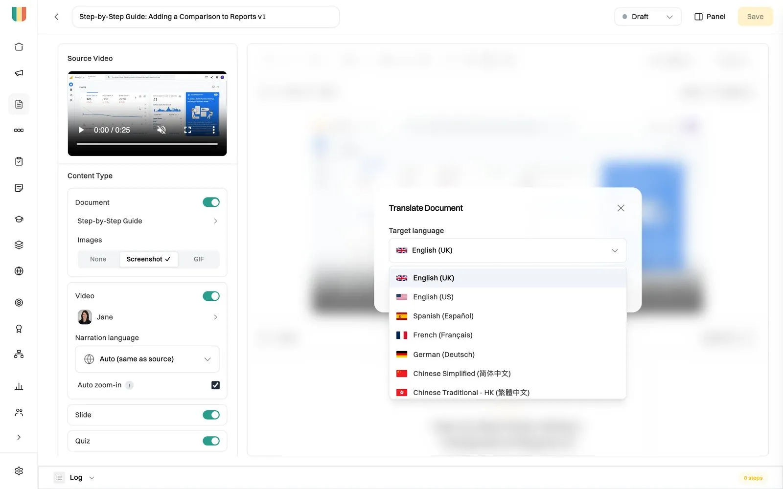 The Translate window in Wikidoc, choosing a language for a copy of the document