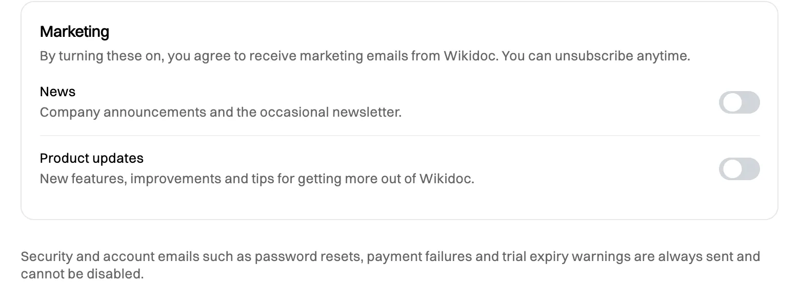 The Marketing section with News and Product updates switched off, and a note: Security and account emails such as password resets, payment failures and trial expiry warnings are always sent and cannot be disabled