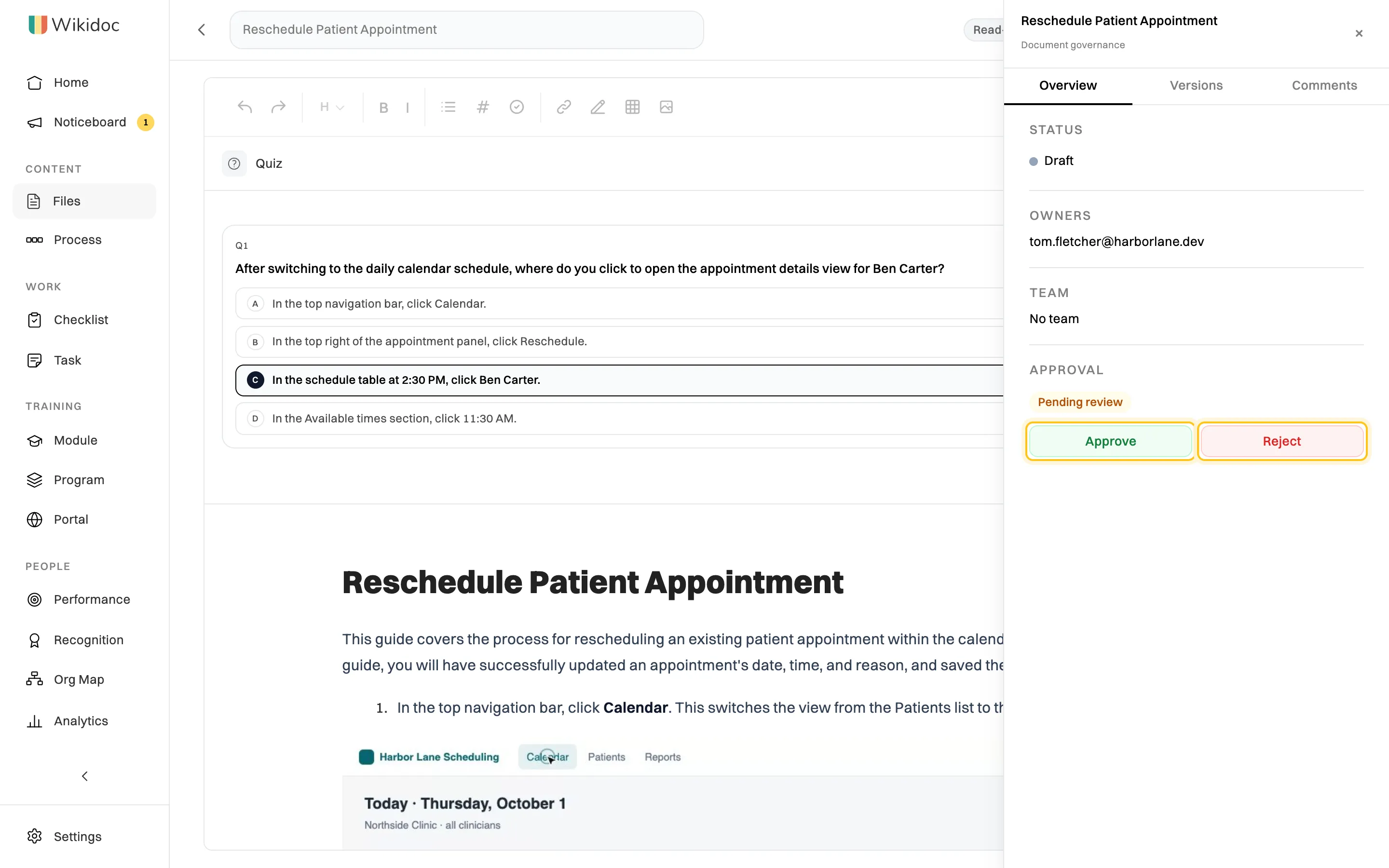 The Reschedule Patient Appointment document open read-only for the approver, with the governance panel showing Approval Pending review and the Approve and Reject buttons highlighted