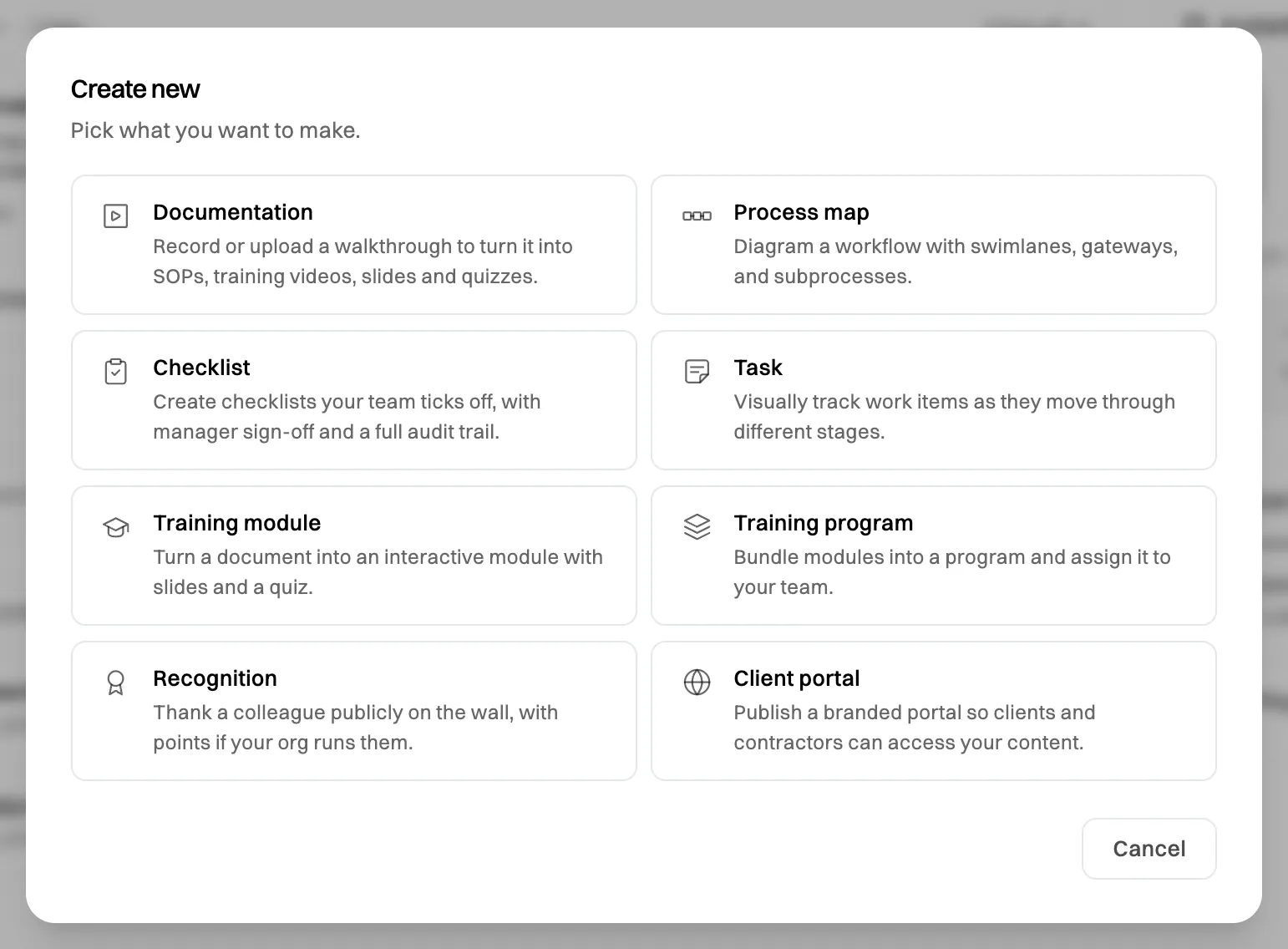 The Create new window: Documentation, Process map, Checklist, Task, Training module, Training program, Recognition and Client portal, each with a one-line description