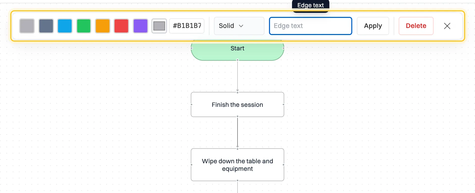 The line editor above the canvas: eight color swatches, a hex code field showing #B1B1B7, a Solid style menu, an Edge text box, Apply, Delete and a close button