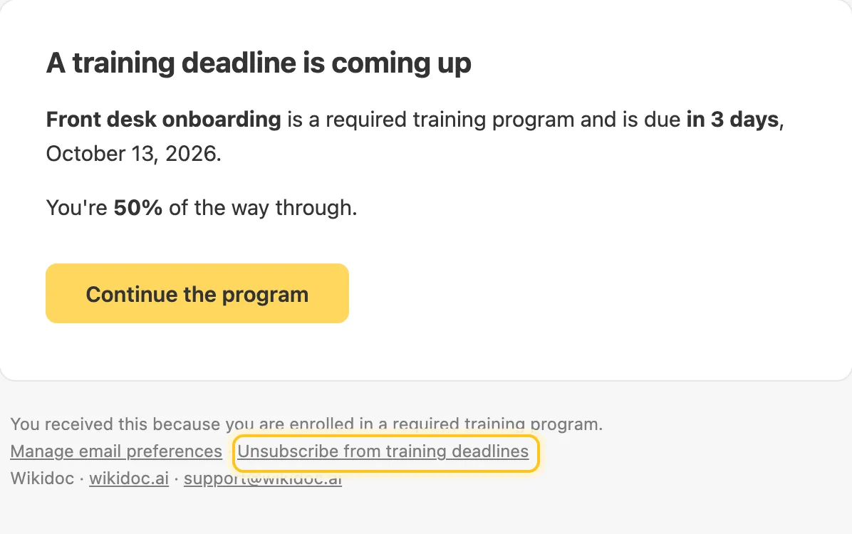 A training deadline reminder email for Front desk onboarding, due in 3 days, and its footer: Manage email preferences, and Unsubscribe from training deadlines highlighted