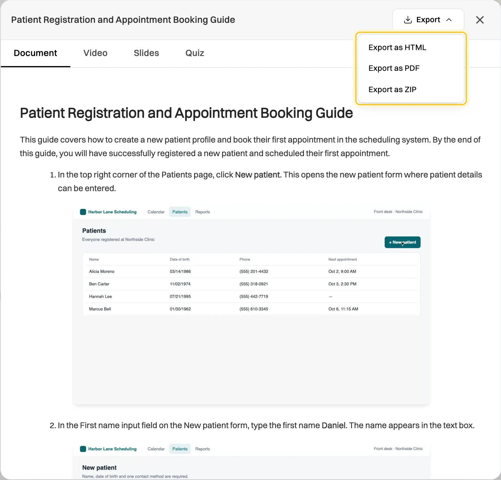 The preview window for Patient Registration and Appointment Booking Guide on the Document tab, with the Export menu open showing Export as HTML, Export as PDF and Export as ZIP
