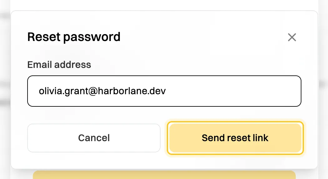 The Reset password window with an email address field, and Cancel and Send reset link buttons
