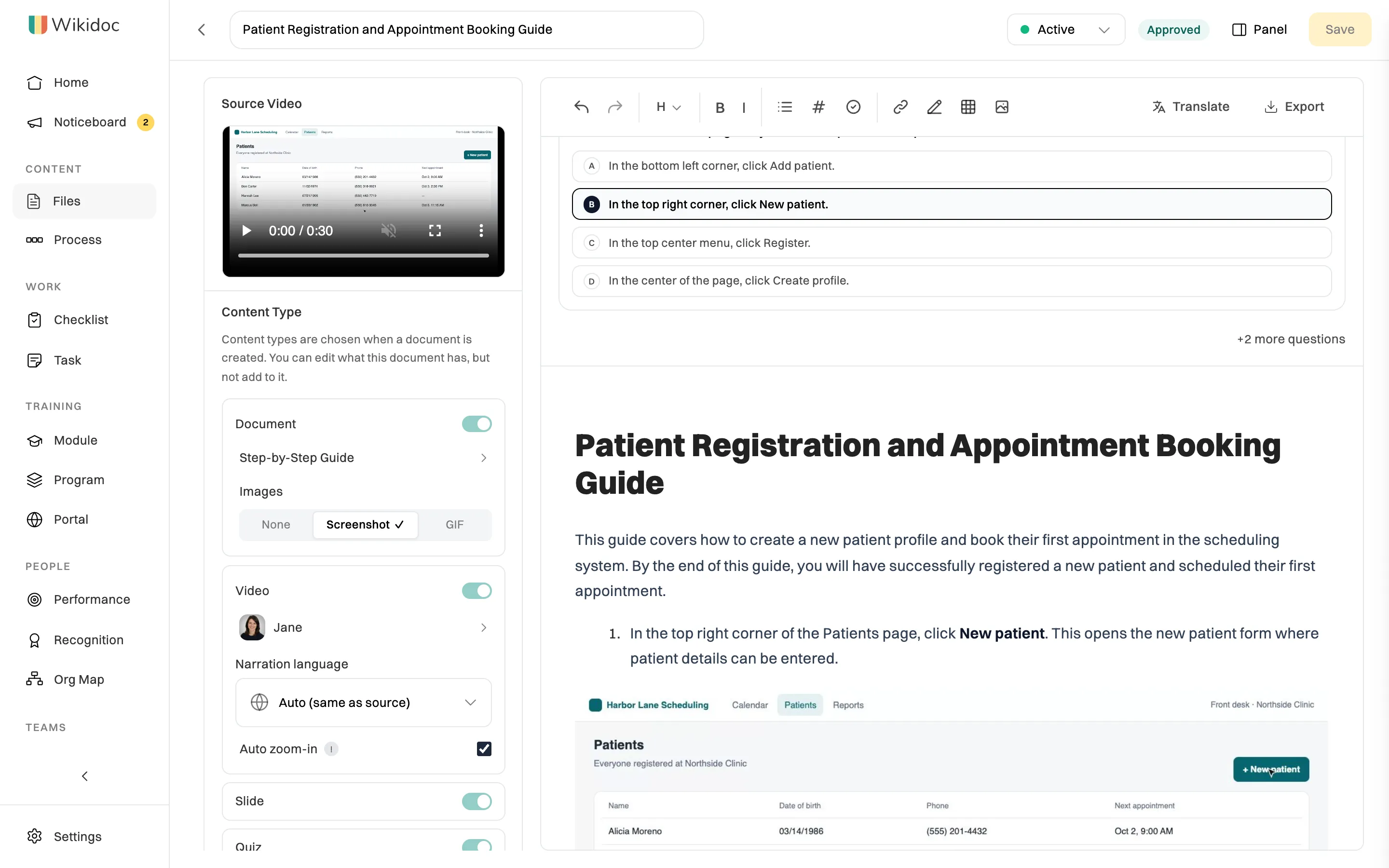 A generated document open in the editor: Patient Registration and Appointment Booking Guide, an introduction, and step 1, In the top right corner of the Patients page, click New patient, with a screenshot of that page. The quiz is above it. On the left, the Content Type switches are grayed out, with a note that content types are chosen when a document is created