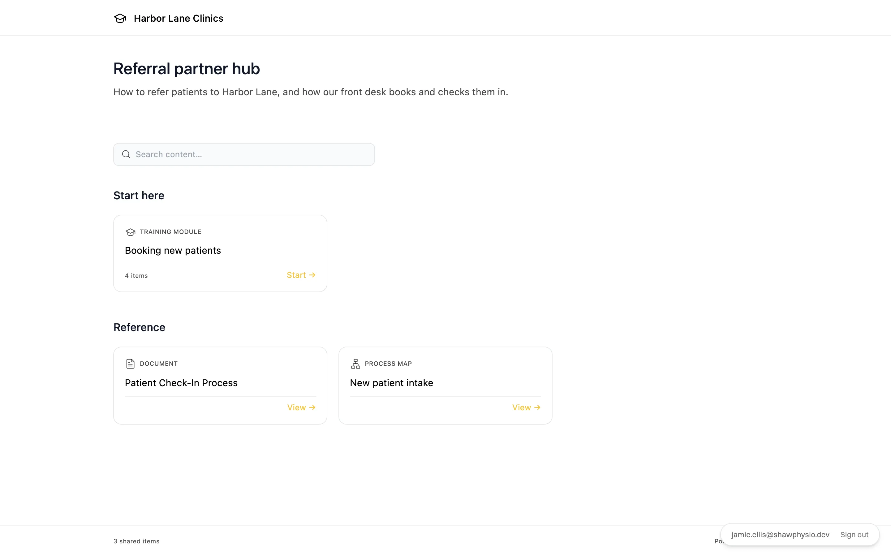 The Referral partner hub portal as a guest sees it: Harbor Lane Clinics in the header, a description, a search box, Start here with the Booking new patients module and a Start button, and Reference with Patient Check-In Process and New patient intake, each with View. The guest's email and Sign out are at the bottom right