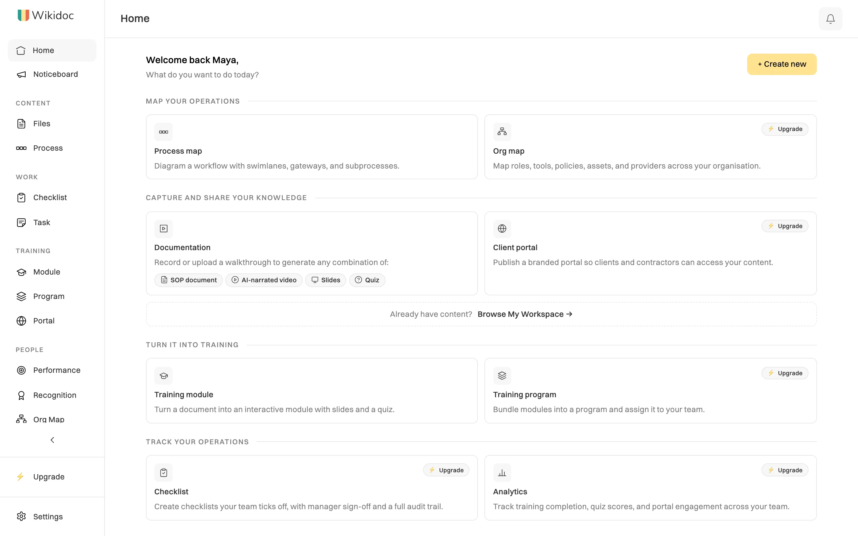 Home on the Free plan: a greeting, a + Create new button, and cards for Process map, Org map, Documentation, Client portal, Training module, Training program, Checklist and Analytics, some marked Upgrade