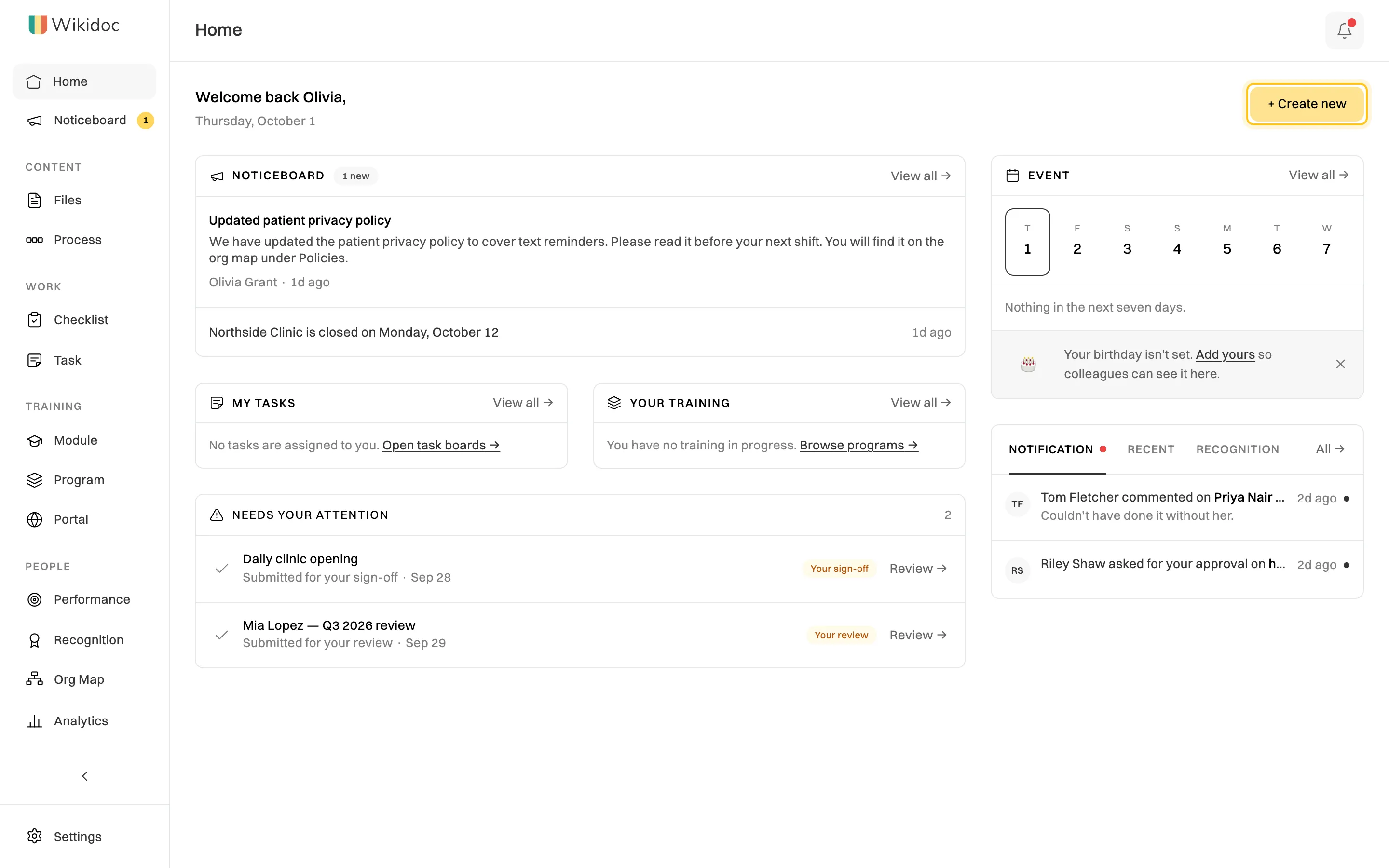 Home on the Team plan: Welcome back Olivia with the date, a highlighted + Create new button, and blocks for Noticeboard, My tasks, Your training, Needs your attention, Event and Notification