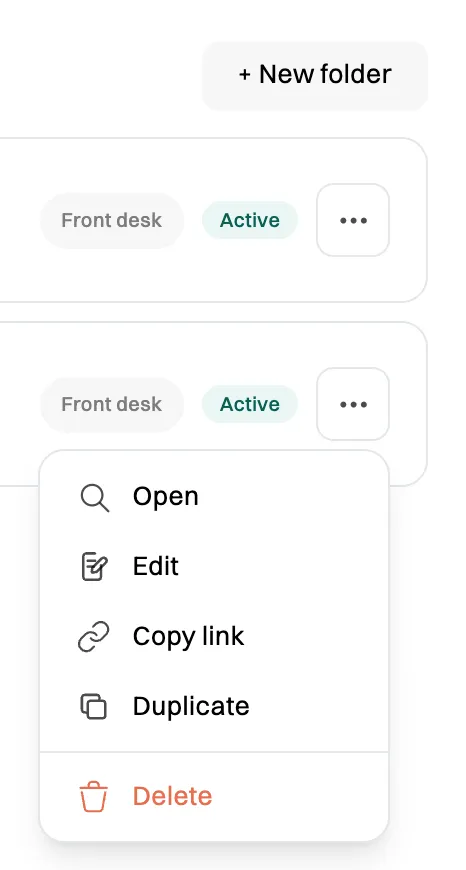 The ⋯ menu on a module: Open, Edit, Copy link, Duplicate and Delete