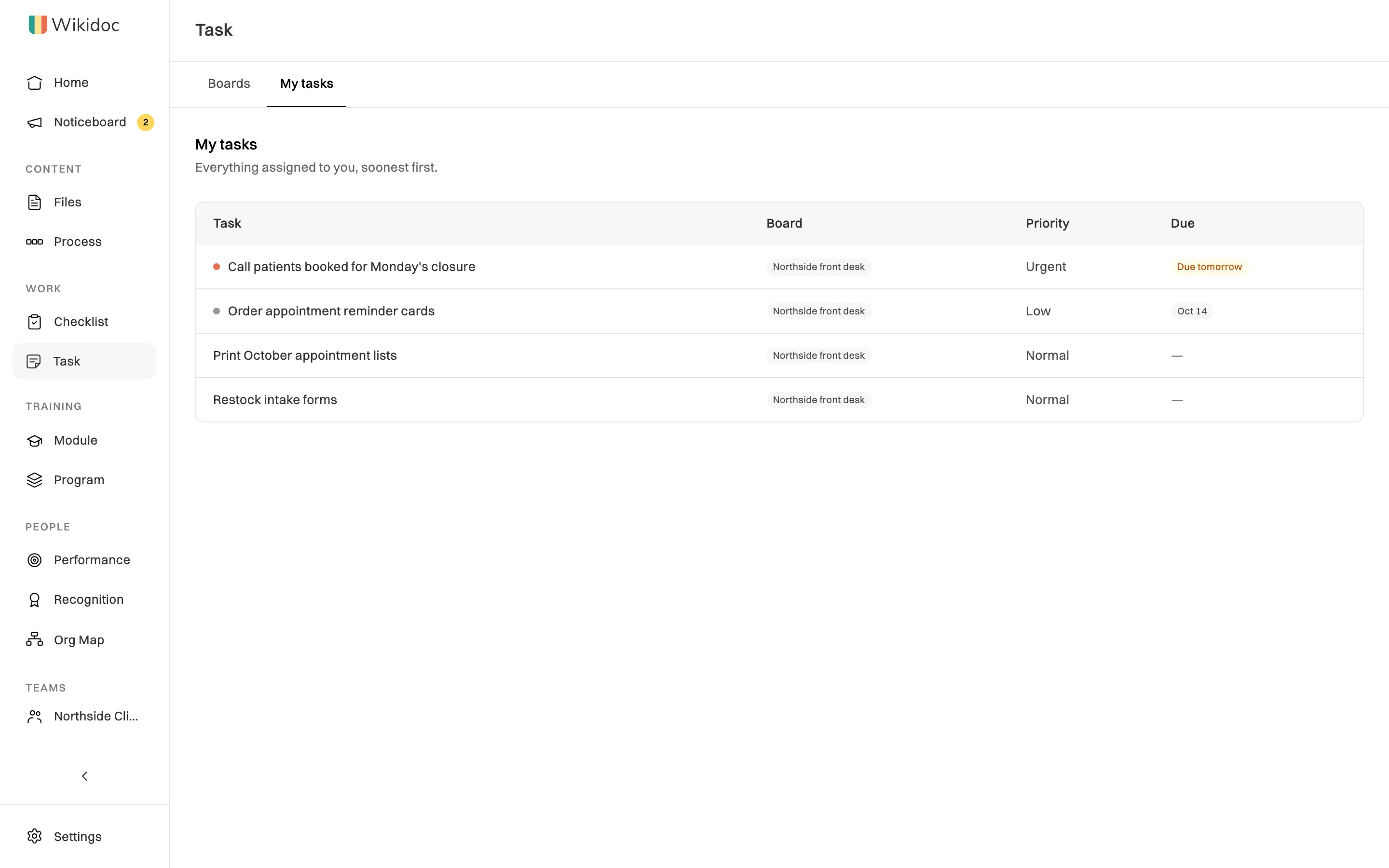 The My tasks tab: Mia Lopez's cards from the Northside front desk board, with their priority and due dates, soonest first