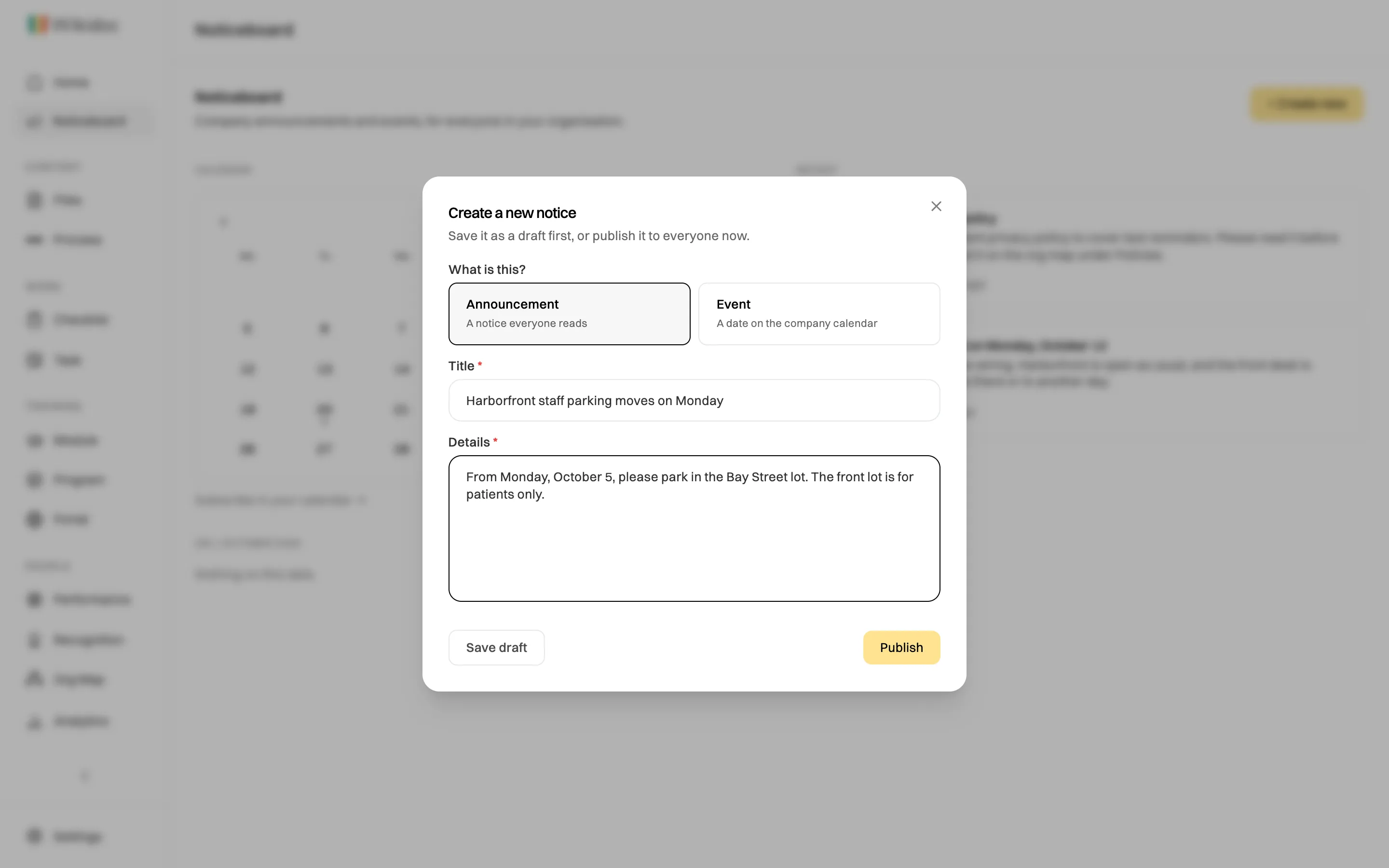 The Create a new notice window: Announcement chosen, the title Harborfront staff parking moves on Monday, the details, and Save draft and Publish buttons