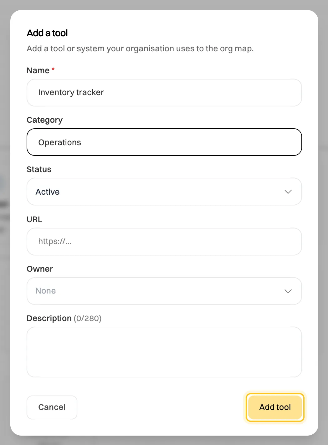 The Add a tool window: Name Inventory tracker, Category Operations, Status Active, URL, Owner and Description fields, and the Add tool button highlighted