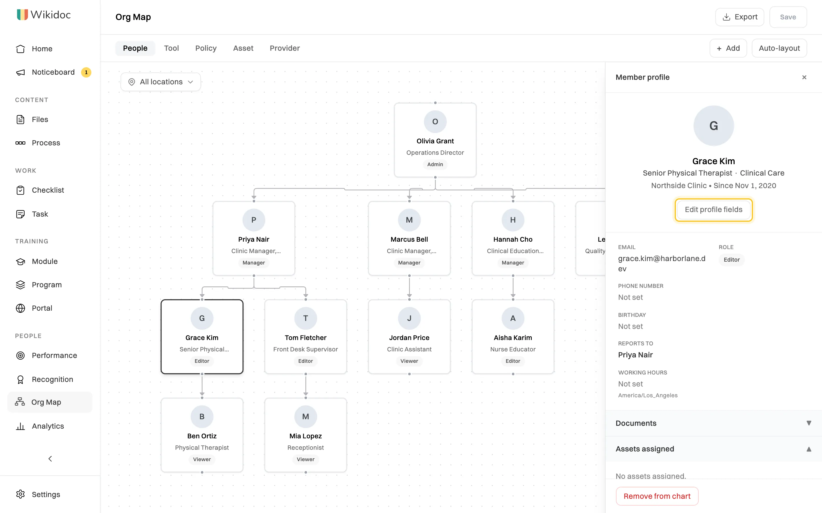 Grace Kim's card selected on the map and her Member profile panel open: Senior Physical Therapist, Clinical Care, Northside Clinic, with Edit profile fields highlighted, and details including Reports to Priya Nair