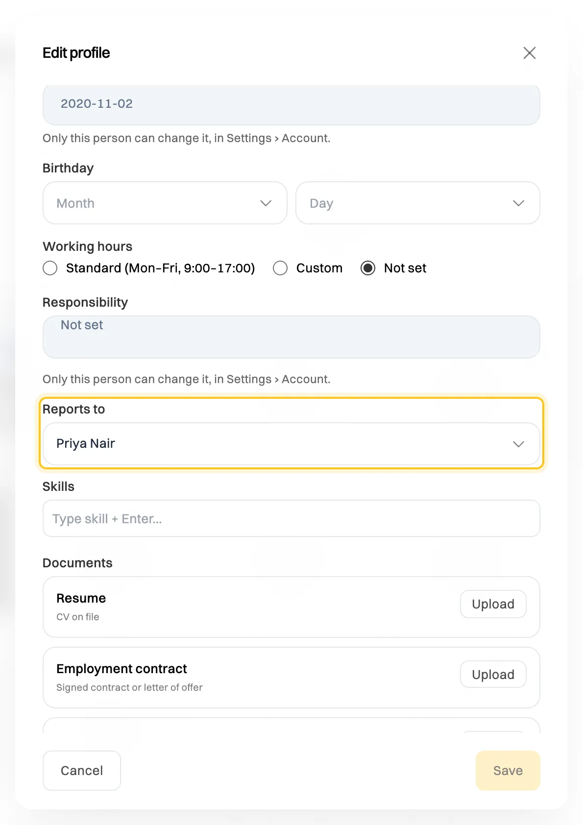 The Edit profile window with the Reports to menu set to Priya Nair highlighted, among fields for birthday, working hours, responsibility, skills and documents