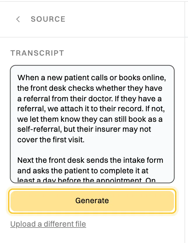 The Source panel showing a Transcript box with a description of a new patient intake process, and the Generate button highlighted