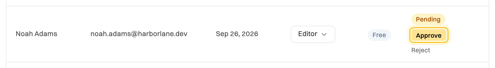 A member row for Noah Adams, noah.adams@harborlane.dev, with a Pending status and the Approve button highlighted