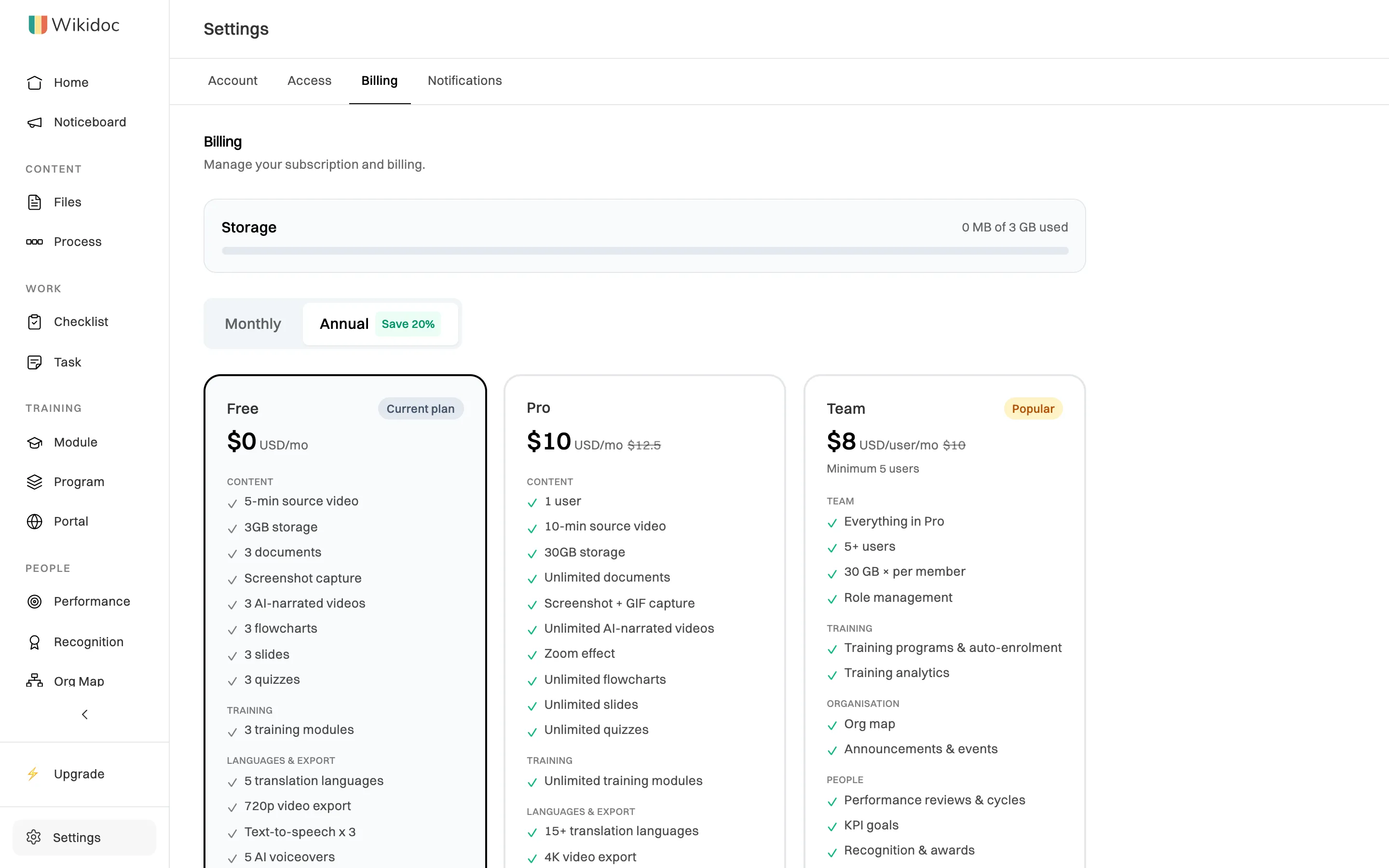 The Billing tab: a storage meter, a Monthly or Annual switch set to Annual with Save 20%, and Free, Pro and Team plan cards with Free marked Current plan