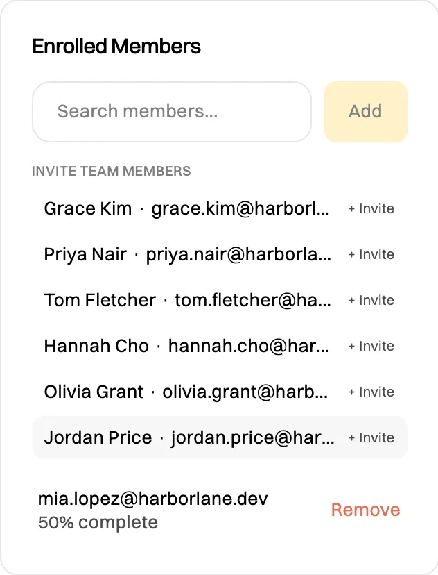 The Enrolled Members panel: a search box with an Add button, a list of colleagues each with + Invite, and mia.lopez enrolled at 50% complete with a Remove link