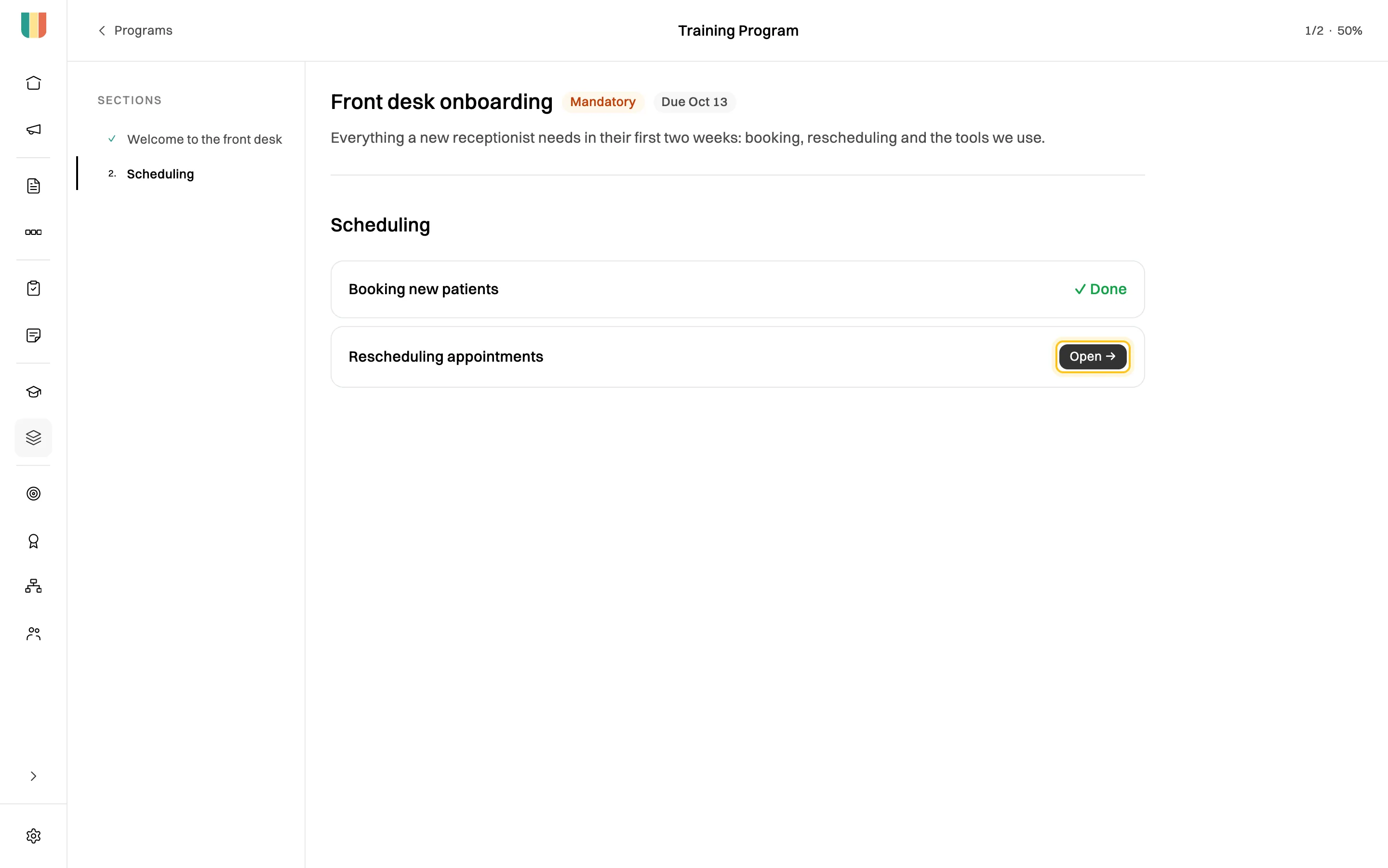 The Front desk onboarding program: sections Welcome to the front desk (ticked) and Scheduling, with Booking new patients marked Done and Rescheduling appointments with Open highlighted. The top right shows 1/2 · 50%