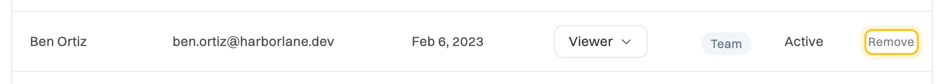 Ben Ortiz's row on the Access tab: role Viewer, plan Team, status Active, with the Remove link highlighted