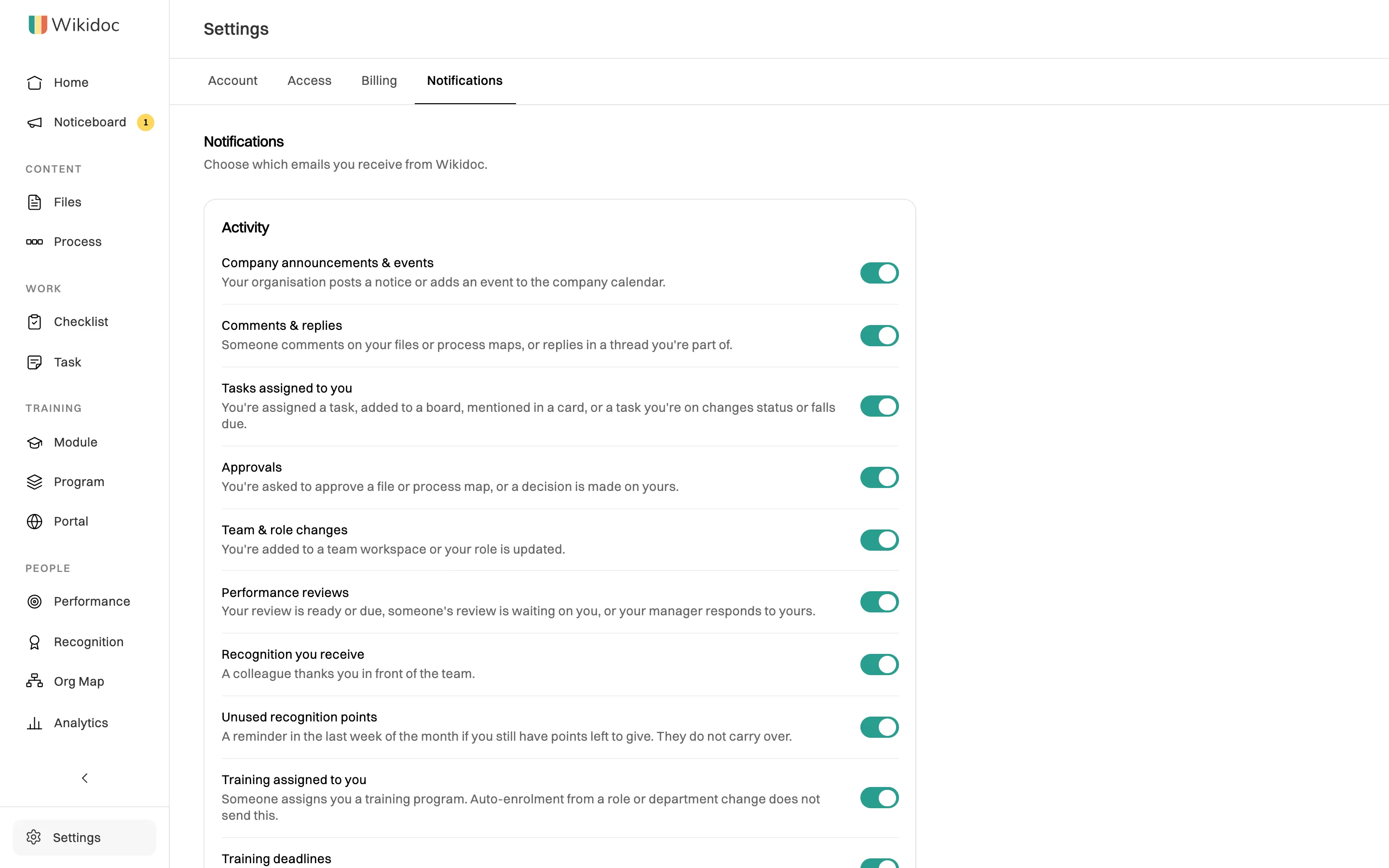 Settings, Notifications tab: Choose which emails you receive from Wikidoc, with an Activity section listing Company announcements & events, Comments & replies, Tasks assigned to you, Approvals and more, each with an on switch
