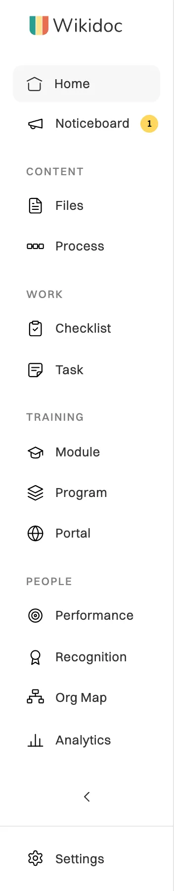 The Wikidoc sidebar: Home and Noticeboard; Content with Files and Process; Work with Checklist and Task; Training with Module, Program and Portal; People with Performance, Recognition and Org Map; then Analytics and Settings