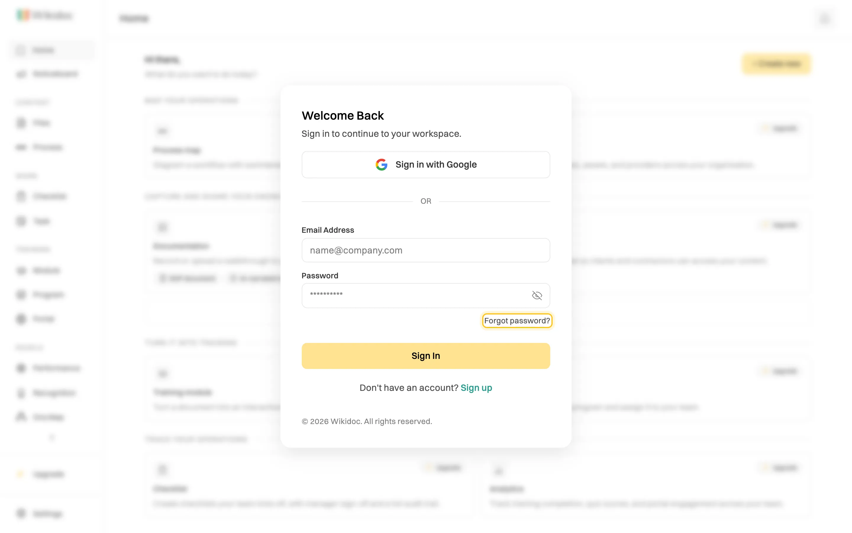 The Welcome Back sign-in screen with Sign in with Google, email and password fields, and the Forgot password? link highlighted