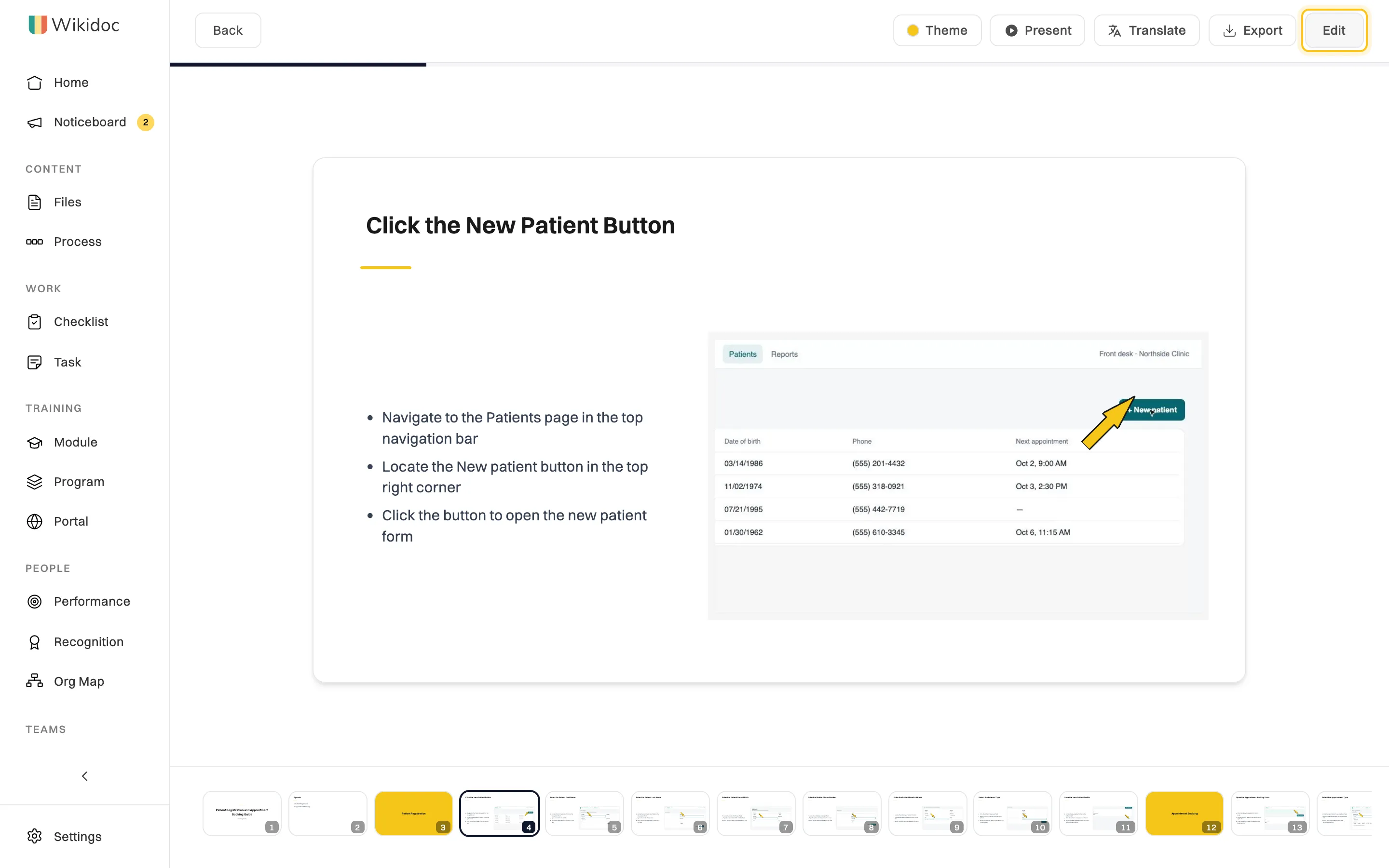 A slide deck open: the slide Click the New Patient Button with three bullet points and a screenshot of the Patients page with an arrow on New patient, thumbnails of every slide below, and Theme, Present, Translate, Export and Edit at the top with Edit highlighted
