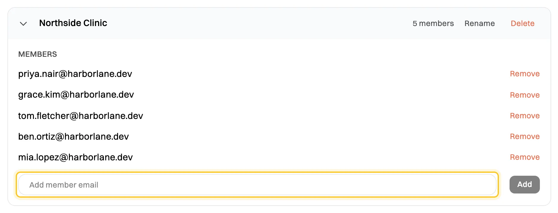 The Northside Clinic team opened, listing five members' email addresses, each with Remove, and the Add member email box highlighted with an Add button
