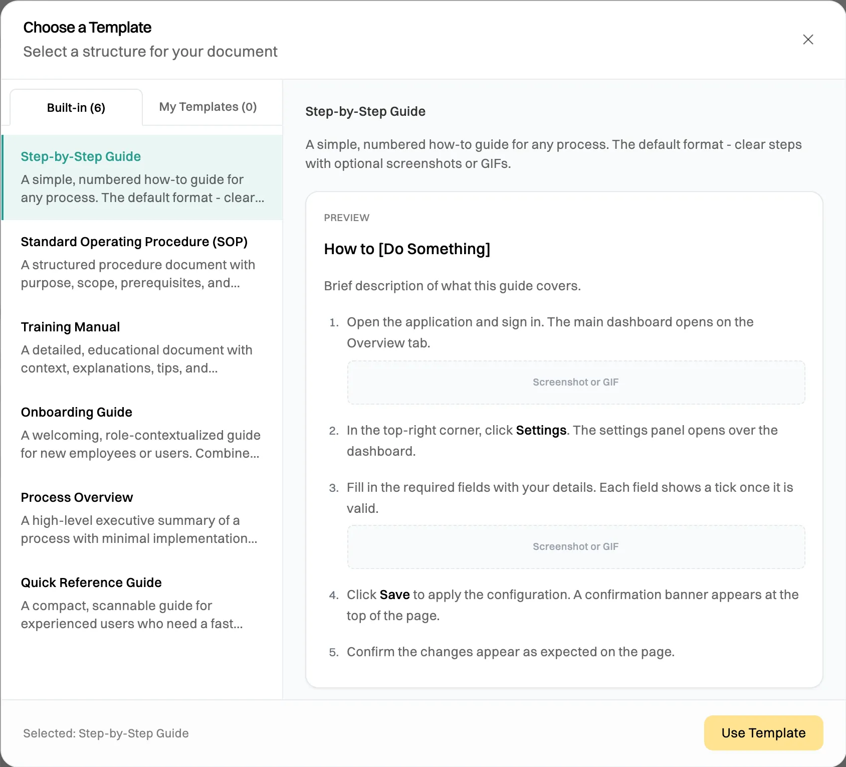 The Choose a Template window: six built-in templates, including Step-by-Step Guide (selected), Standard Operating Procedure (SOP), Training Manual, Onboarding Guide, Process Overview and Quick Reference Guide, with a preview on the right and the Use Template button