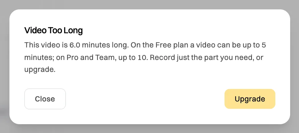 The Video Too Long window: This video is 6.0 minutes long. On the Free plan a video can be up to 5 minutes; on Pro and Team, up to 10. Record just the part you need, or upgrade. With Close and Upgrade buttons