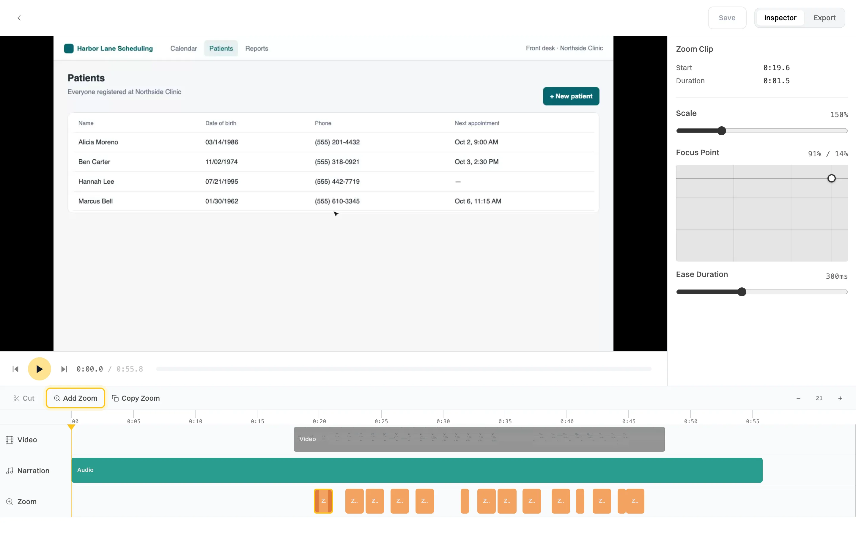A zoom clip selected on the timeline, with its Inspector showing Start 0:19.6, Duration 0:01.5, Scale 150%, a Focus Point grid with a circle near the top right, and Ease Duration 300ms. The Add Zoom button is highlighted