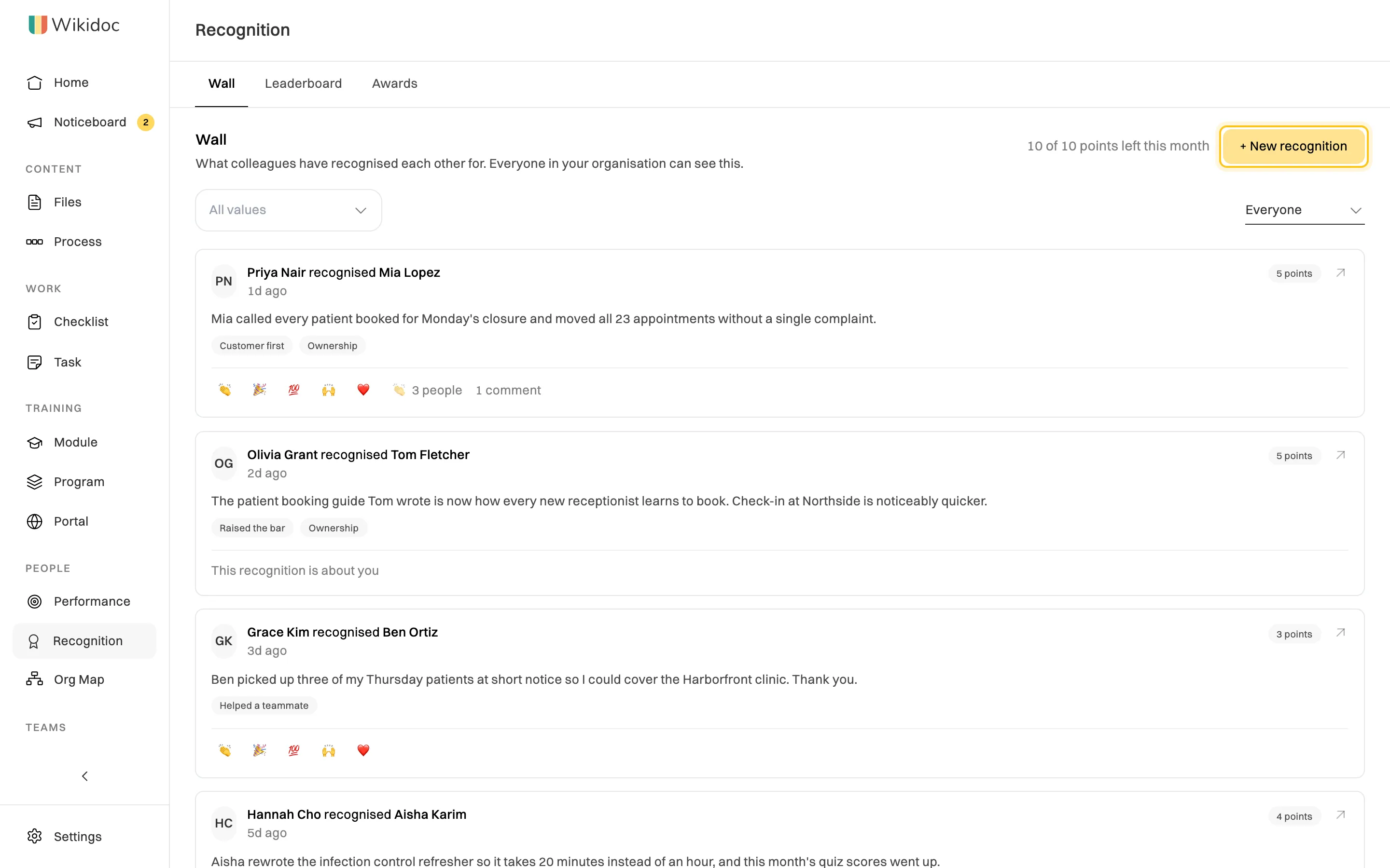 The recognition wall: 10 of 10 points left this month next to a highlighted + New recognition button, and posts such as Priya Nair recognised Mia Lopez, 5 points, tagged Customer first and Ownership, with reactions, 3 people applauding and 1 comment